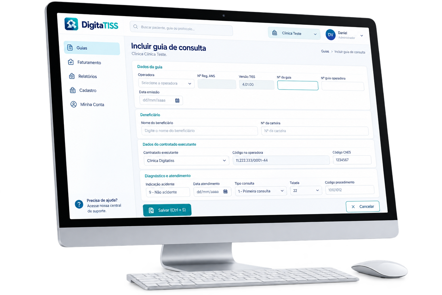 DigitaTISS aberto em um computador na tela de digitação de guia TISS